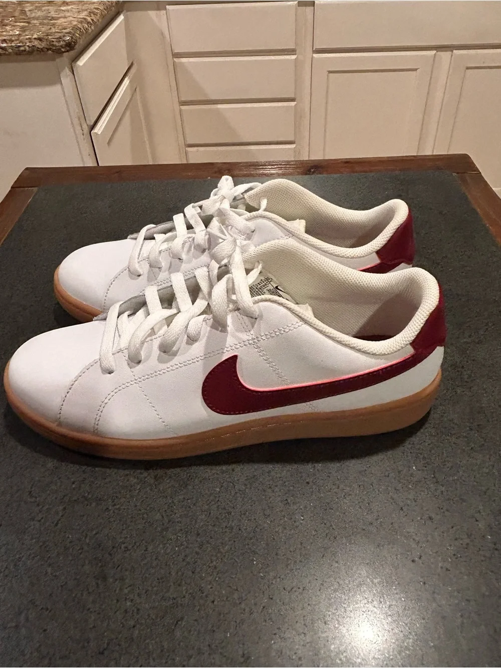 Nike White Sneakers with Gum Sole and Maroon Swoosh Accent